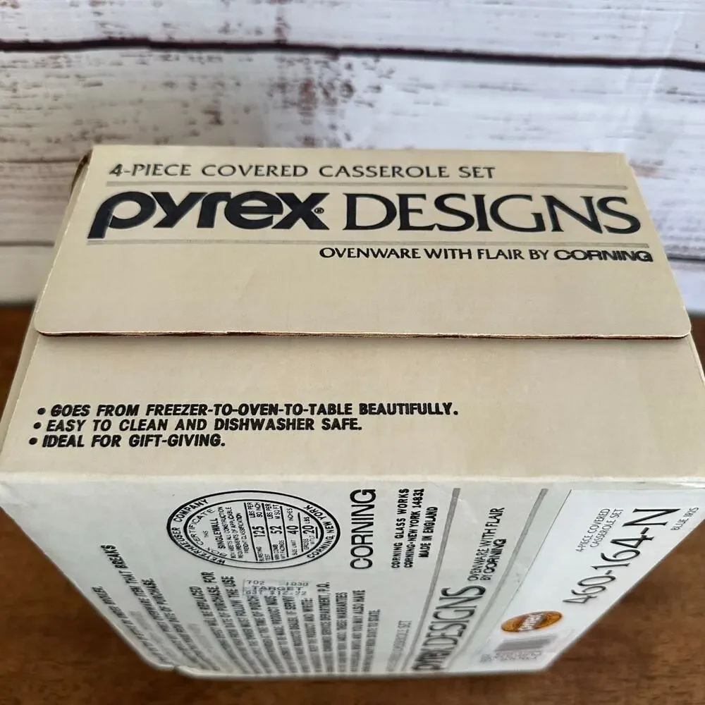 VTG Sealed Pyrex Designs 4 Pc Covered Casserole Set Blue Iris 460-164N England